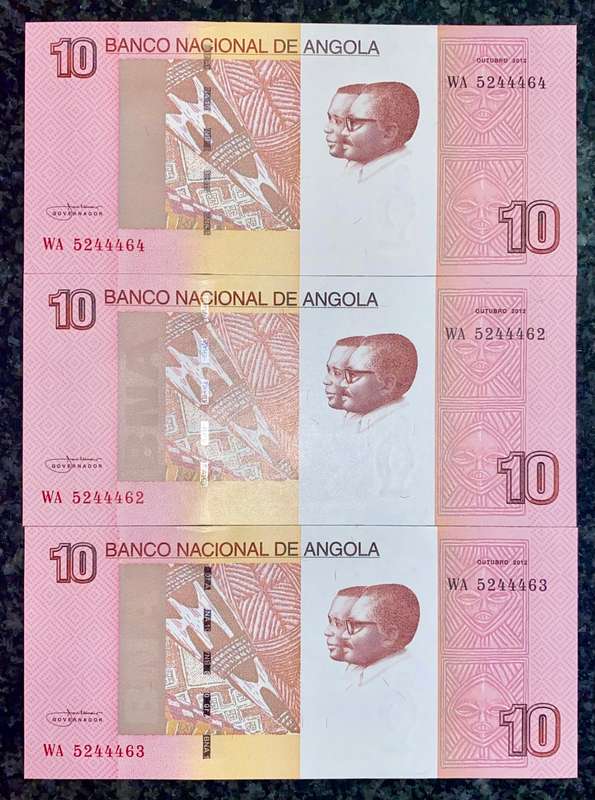 ANGOLA 10 KWACHA IN SEQUENCE WA5244462-464 UNC 2012(1 BID TAKES ALL)