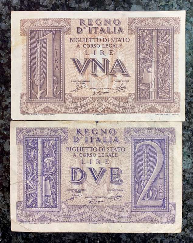 ITALY SET 1 LIRE & 2 LIRE 1939 WW2(1 BID TAKES ALL)