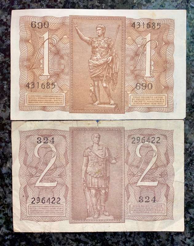 ITALY SET 1 LIRE & 2 LIRE 1939 WW2(1 BID TAKES ALL)