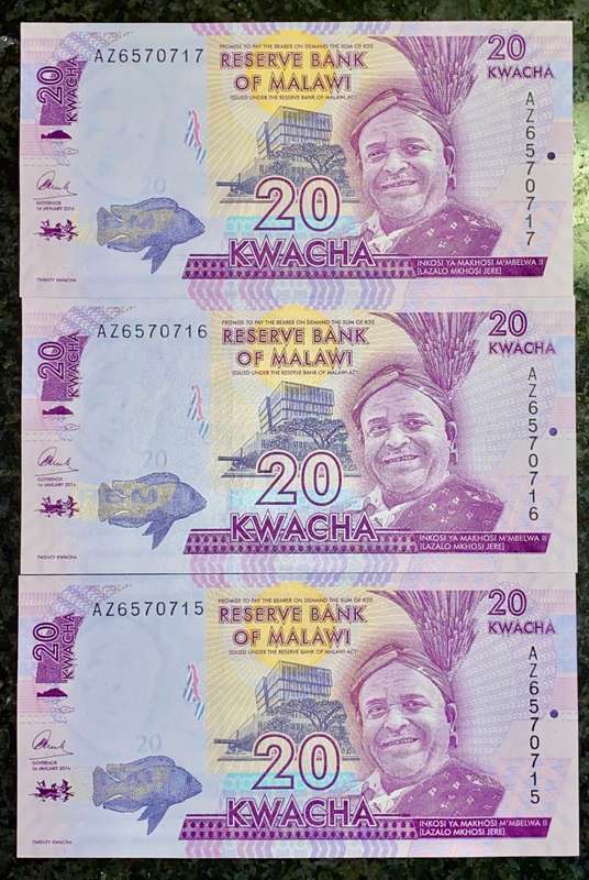 MALAWI 20 KWACHA IN SEQUENCE AZ6570717-715 UNC (1 BID TAKES ALL)