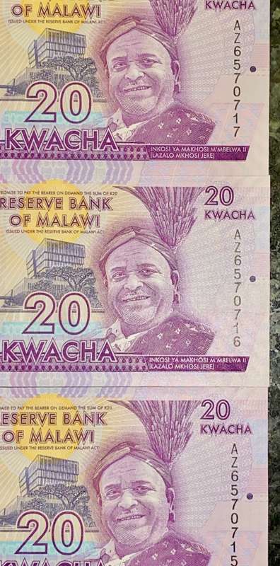 MALAWI 20 KWACHA IN SEQUENCE AZ6570717-715 UNC (1 BID TAKES ALL)