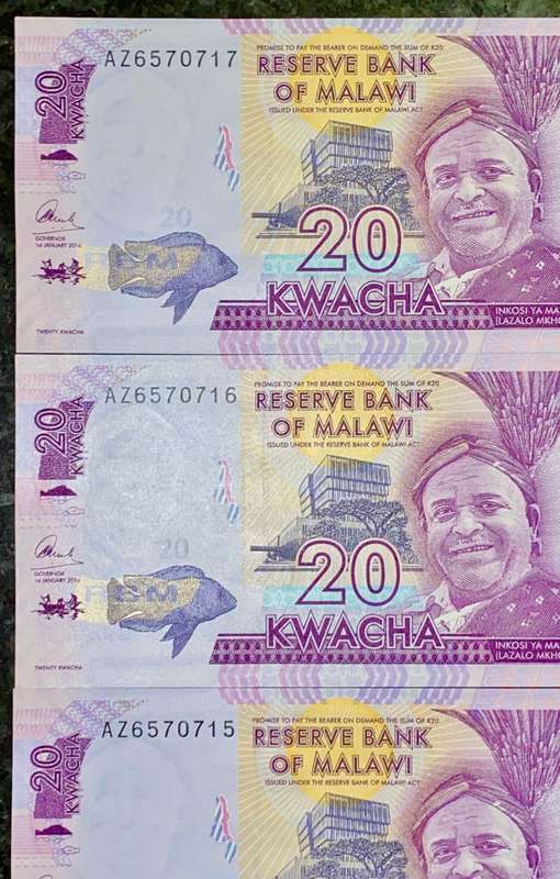 MALAWI 20 KWACHA IN SEQUENCE AZ6570717-715 UNC (1 BID TAKES ALL)