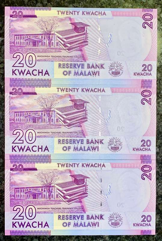 MALAWI 20 KWACHA IN SEQUENCE AZ6570717-715 UNC (1 BID TAKES ALL)