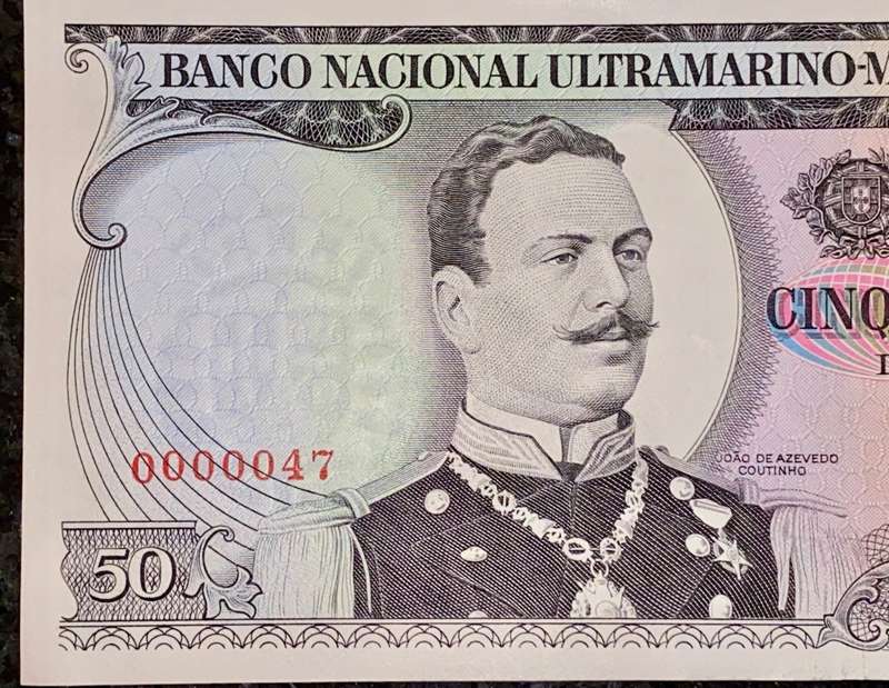 MOZAMBIQUE 50 ESCUDOS SUPA LOW NO 0000047 LISBOA 27TH OCTOBER 1970 MOZAMBIQUE ULTRAMARINO UNC