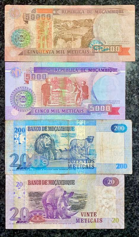 MOZAMBIQUE SET 50000 METICAIS 1993, 5000 METICAIS 1991, 200 METICAIS 2011 & 20 METICAIS 2006