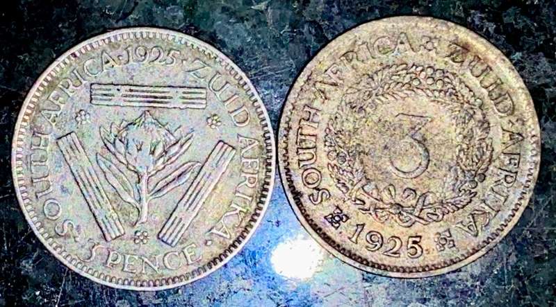 S A UNION SILVER SET 3D THREEPENCE 1925 BOTH VARIANTS WREATH & PROTEA (1 BID TAKES ALL)