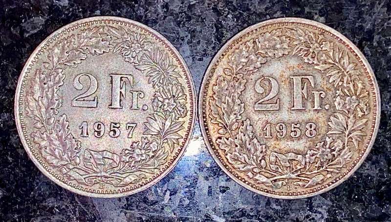 SWITZERLAND SILVER HELVETIA SET 2 FRANCS 1957 & 1958 (1 BID TAKES ALL)
