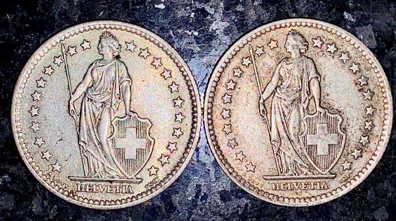 SWITZERLAND SILVER HELVETIA SET 2 FRANCS 1957 & 1958 (1 BID TAKES ALL)