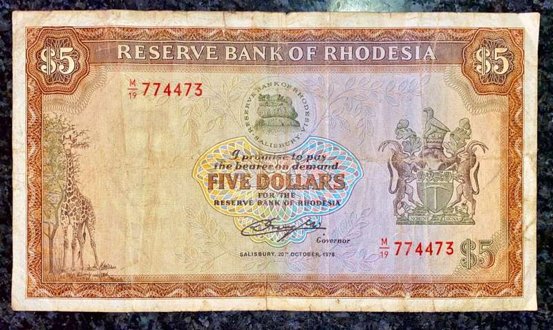 RHODESIA 5 DOLLARS 1978 C.J RHODES WTM M19