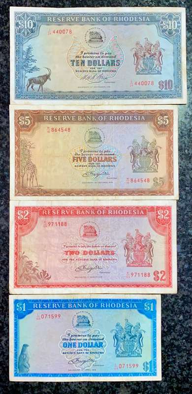 RHODESIA SET 10 DOLLARS 1975- 5 DOLLARS 1978- 2 DOLLARS 1976 & 1 DOLLAR 1978 -- C.J RHODES WTM