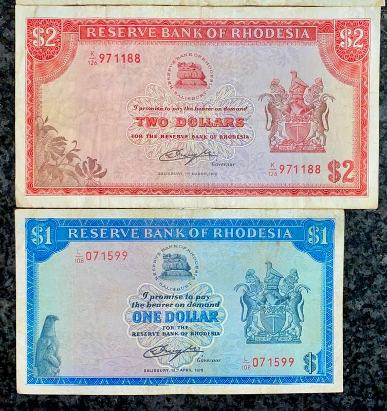 RHODESIA SET 10 DOLLARS 1975- 5 DOLLARS 1978- 2 DOLLARS 1976 & 1 DOLLAR 1978 -- C.J RHODES WTM