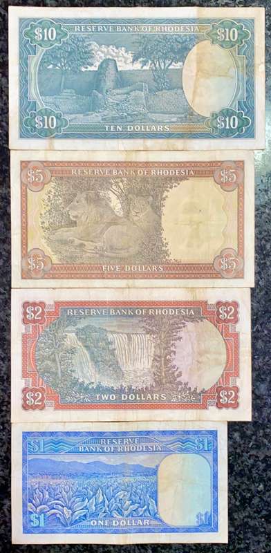 RHODESIA SET 10 DOLLARS 1975- 5 DOLLARS 1978- 2 DOLLARS 1976 & 1 DOLLAR 1978 -- C.J RHODES WTM
