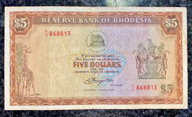 RHODESIA 5 DOLLARS 1976 C.J RHODES WTM M11