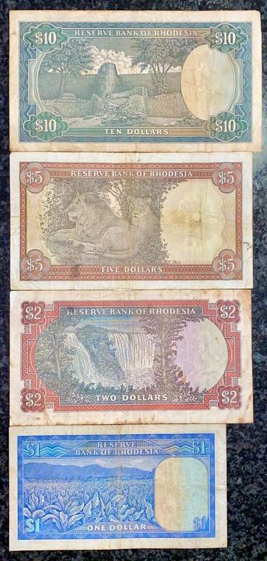 RHODESIA SET 10 DOLLARS 1979 - 5 DOLLARS 1978 RHODES WTM - 2 DOLLARS 1979 & 1 DOLLAR 1979 - BIRD WTM