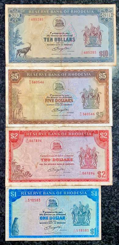 RHODESIA SET 10 DOLLARS 1979 - 5 DOLLARS 1978 RHODES WTM - 2 DOLLARS 1979 & 1 DOLLAR 1979 - BIRD WTM