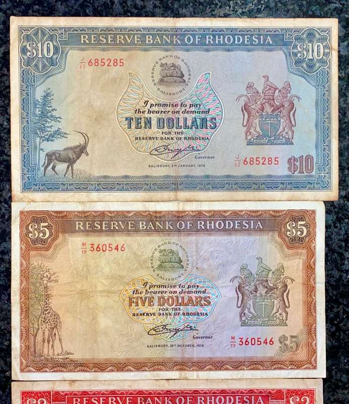 RHODESIA SET 10 DOLLARS 1979 - 5 DOLLARS 1978 RHODES WTM - 2 DOLLARS 1979 & 1 DOLLAR 1979 - BIRD WTM
