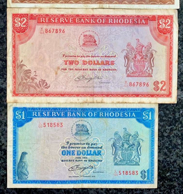 RHODESIA SET 10 DOLLARS 1979 - 5 DOLLARS 1978 RHODES WTM - 2 DOLLARS 1979 & 1 DOLLAR 1979 - BIRD WTM