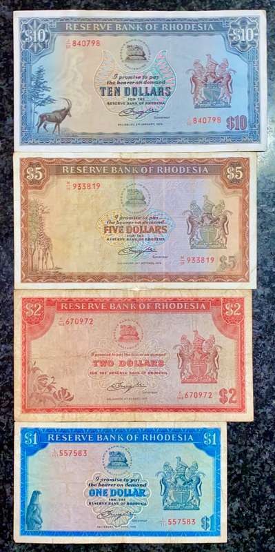 RHODESIA SET 10 DOLLARS 1979 BIRD WTM- 5 DOLLARS 1978 - 2 DOLLARS 1977 & 1 DOLLAR 1978 - RHODES WTM