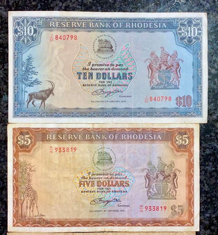 RHODESIA SET 10 DOLLARS 1979 BIRD WTM- 5 DOLLARS 1978 - 2 DOLLARS 1977 & 1 DOLLAR 1978 - RHODES WTM