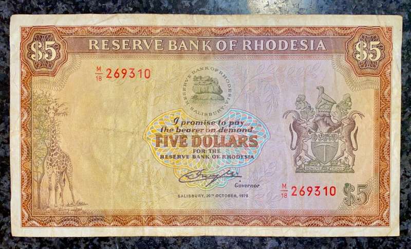 RHODESIA 5 DOLLARS 1978 C.J RHODES WTM M18