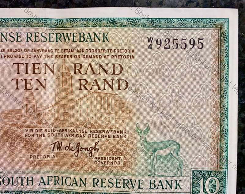 REPLACEMENT NOTE TW DE JONGH R10 -- W3 -- SPRINGBUCK WTM 1ST ISSUE 1967