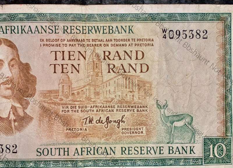 REPLACEMENT NOTE TW DE JONGH R10 -- W4 -- SPRINGBUCK WTM 1ST ISSUE 1967