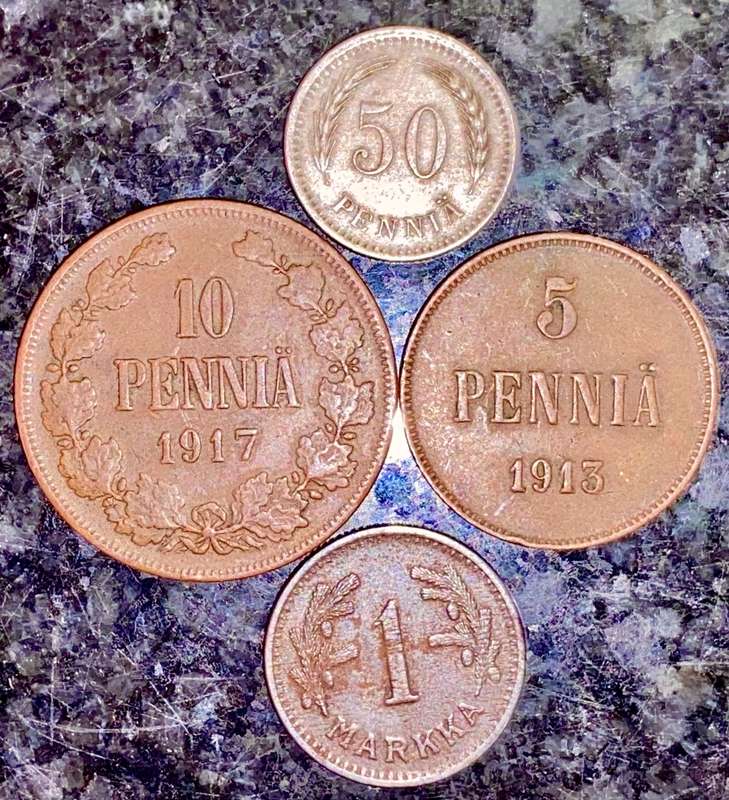 FINLAND SET 50 PENNIA 1923 - 10 PENNIA 1917- 5 PENNIA 1913 & 1 MARKKAA 1949(1 BID TAKES ALL)