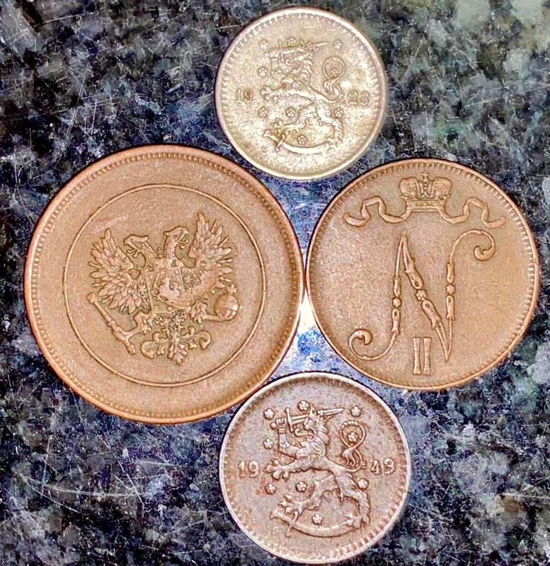 FINLAND SET 50 PENNIA 1923 - 10 PENNIA 1917- 5 PENNIA 1913 & 1 MARKKAA 1949(1 BID TAKES ALL)