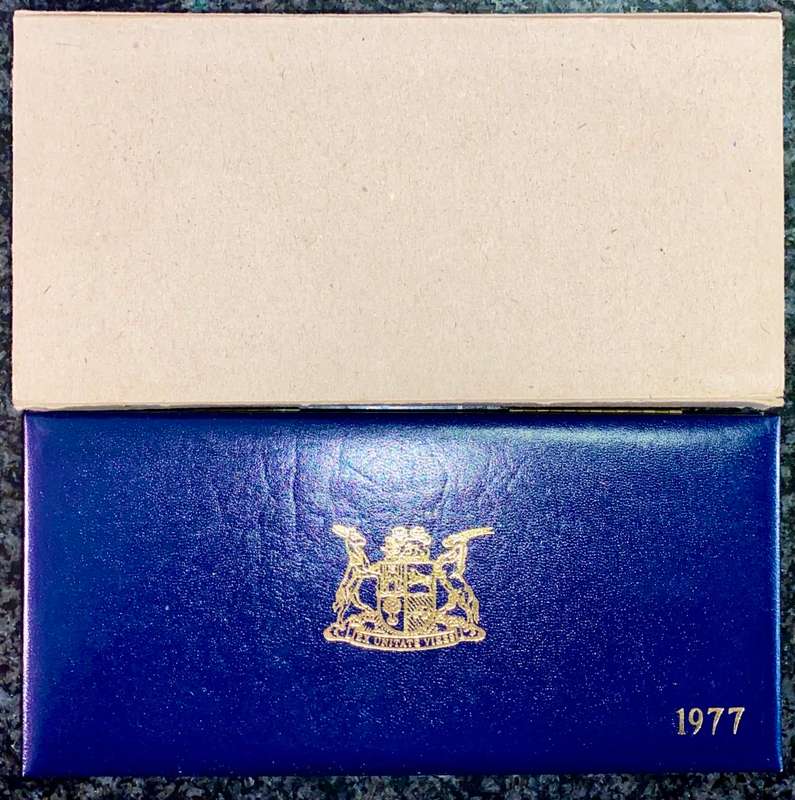 S A MINT PROOF SET 1977 WITH SILVER R1 TO 1/2 CENT IN BLUE S A MINT BOX WITH ORIGINAL COVER