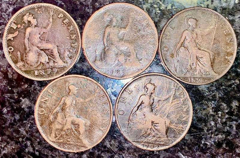 GREAT BRITAIN SET 1 PENNY 1879, 1884, 1896, 1897 & 1902 ( 1 BID TAKES ALL)
