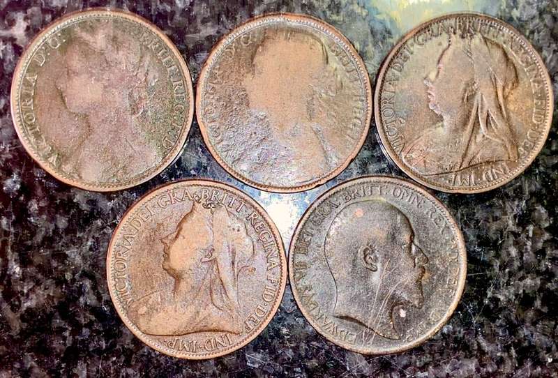 GREAT BRITAIN SET 1 PENNY 1879, 1884, 1896, 1897 & 1902 ( 1 BID TAKES ALL)