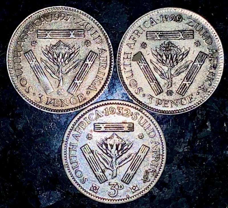 S A UNION SILVER SET 3D THREEPENCE 1927, 1929 & 1932 GOOD CONDITION -- 80% SILVER(1 BID TAKES ALL)