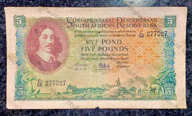 MH DE KOCK 5 POUND 23-05-1957 A/E 3RD ISSUE C58 VAN RIEBEECK WTM
