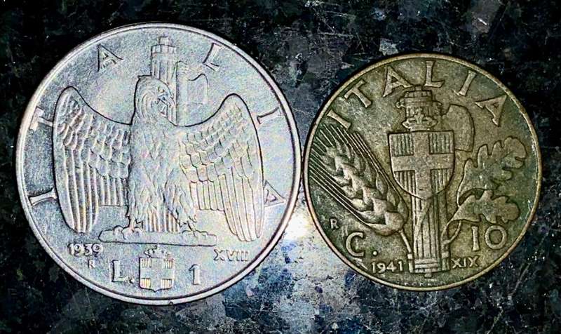 ITALY SET 1 LIRE 1939 & 10 CENTESIMI 1941 WW2(1 BID TAKES ALL)