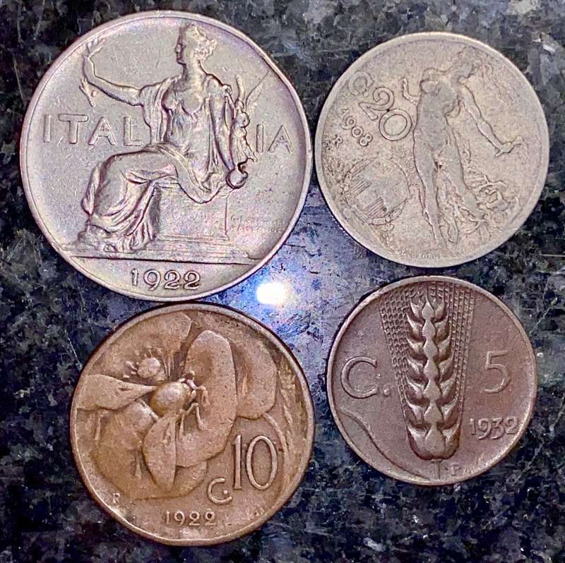 ITALY SET 1 LIRE 1922, 20 CENTESIMI 1908, 10 CENTESIMI 1922 & 5 CENTESIMI 1932(1 BID TAKES ALL)
