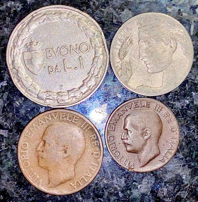 ITALY SET 1 LIRE 1922, 20 CENTESIMI 1908, 10 CENTESIMI 1922 & 5 CENTESIMI 1932(1 BID TAKES ALL)