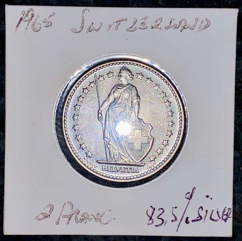 SWITZERLAND SILVER 2 FRANCS 1965 VERY GOOD CONDITION IN COIN FLIP SILVER,835