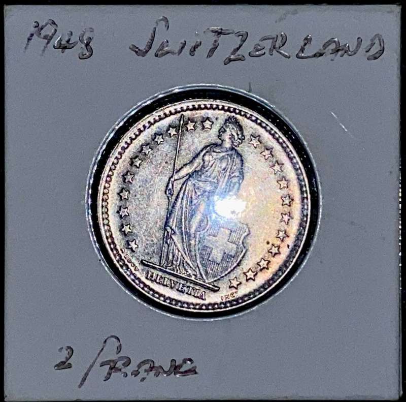 SWITZERLAND SILVER HELVETIA 2 FRANCS 1948 IN COIN FLIP - SILVER VALUE ALONE R153