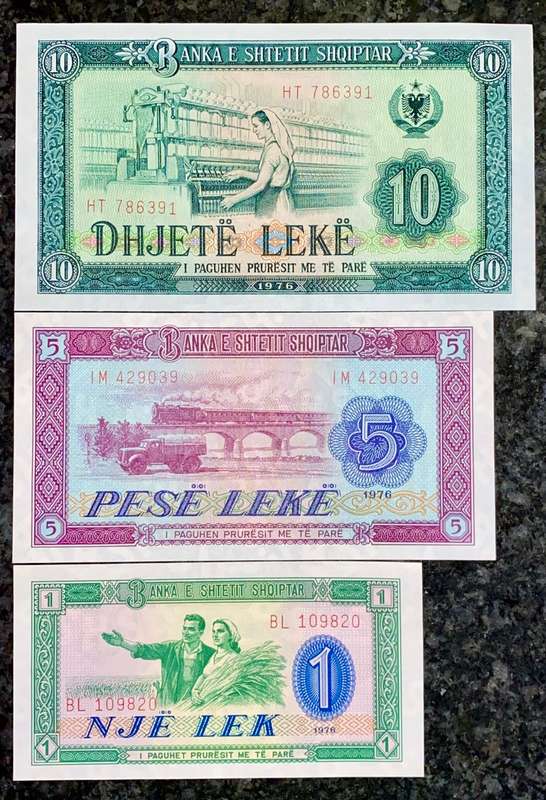 ALBANIA SET 10 LEKE - 5 LEKE - 1 LEKE 1976 UNC (1 BID TAKES ALL)