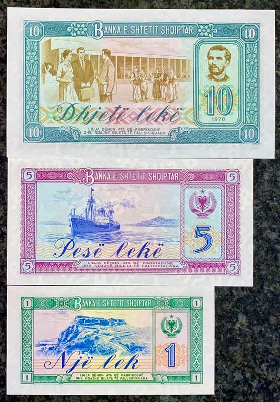 ALBANIA SET 10 LEKE - 5 LEKE - 1 LEKE 1976 UNC (1 BID TAKES ALL)
