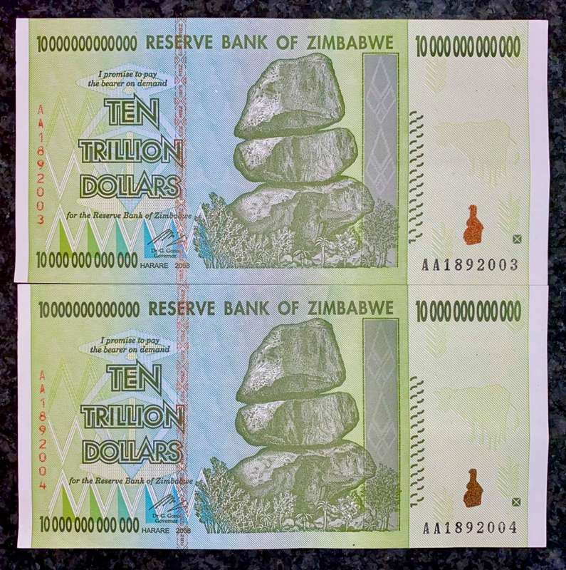ZIMBABWE AA 10 TRILLION DOLLARS IN SEQUENCE AA1892003-004 HARARE 2008 ZIM BIRD WTM