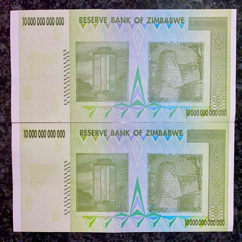 ZIMBABWE AA 10 TRILLION DOLLARS IN SEQUENCE AA1892003-004 HARARE 2008 ZIM BIRD WTM