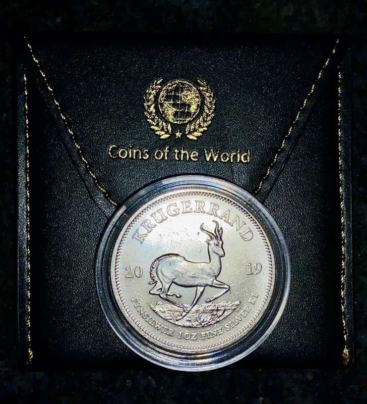 SOUTH AFRICA SILVER KRUGERRAND -- 2019 -- 1OZ FINE SILVER IN WORLD COINS POUCH & CAPSULE