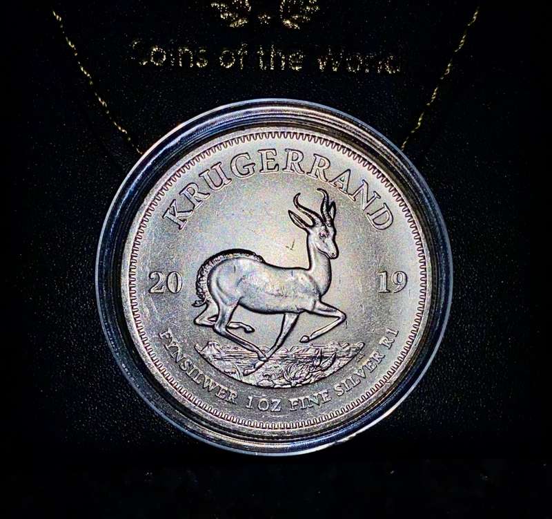 SOUTH AFRICA SILVER KRUGERRAND -- 2019 -- 1OZ FINE SILVER IN WORLD COINS POUCH & CAPSULE