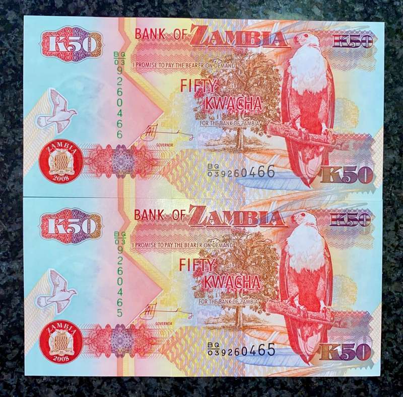 ZAMBIA 50 KWATCH IN SEQUENCE BQ039260466-465 UNC 2008(1 BID TAKES ALL)