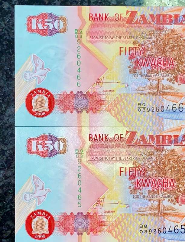 ZAMBIA 50 KWATCH IN SEQUENCE BQ039260466-465 UNC 2008(1 BID TAKES ALL)