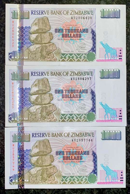 ZIMBABWE SET 1000 DOLLARS 2003 UNC - CLOSE SEQUENCE (1 BID TAKES ALL)