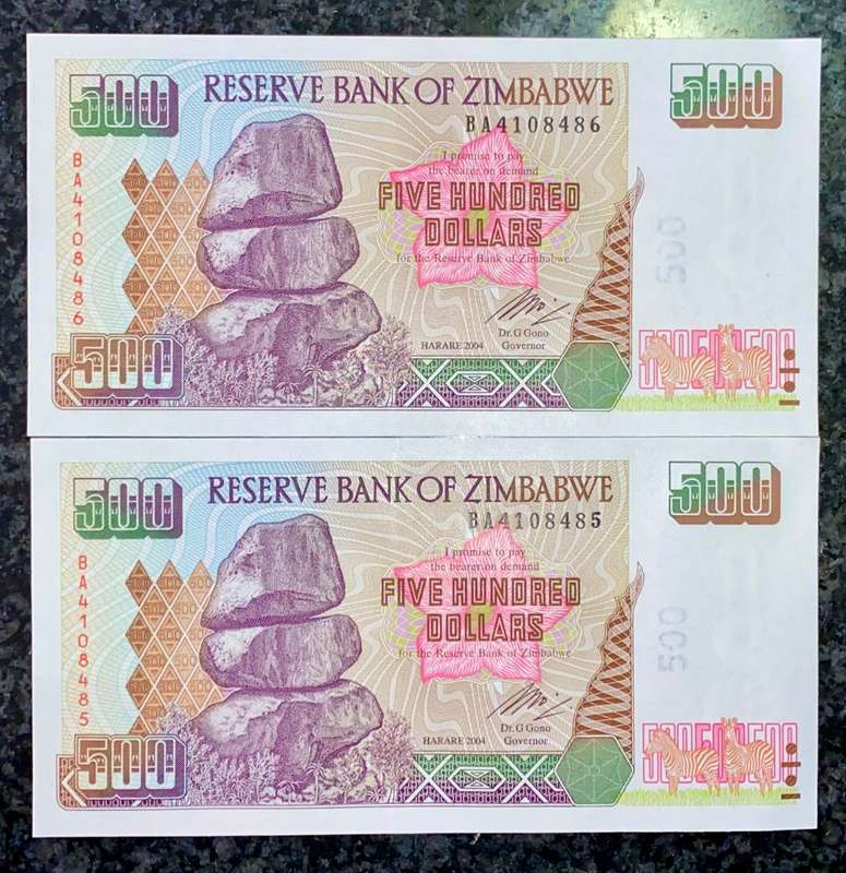 ZIMBABWE SET 500 DOLLARS IN SEQUENCEBA4108486-485 -- 2004 UNC  (1 BID TAKES ALL)