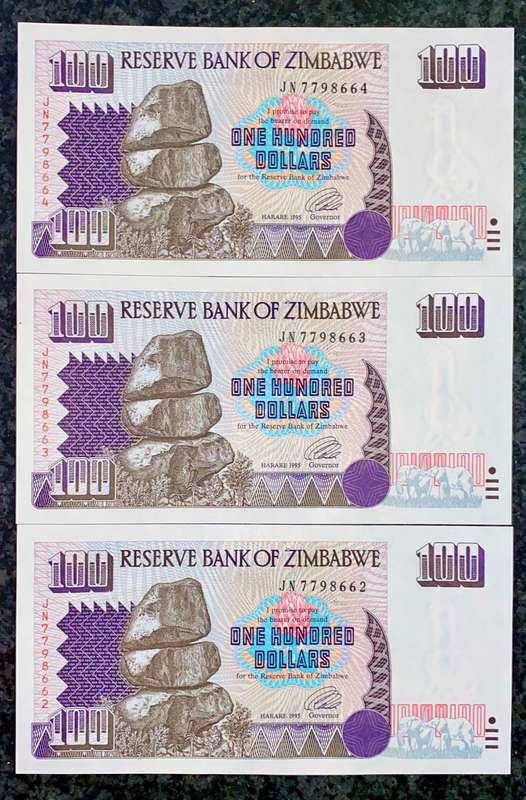 ZIMBABWE SET 100 DOLLARS IN SEQUENCE JN7798664-662 -- 1995 UNC (1 BID TAKES ALL)