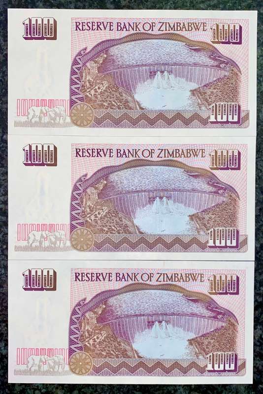 ZIMBABWE SET 100 DOLLARS IN SEQUENCE JN7798664-662 -- 1995 UNC (1 BID TAKES ALL)